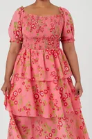 Women's Tiered Floral Print Midi Dress Red,