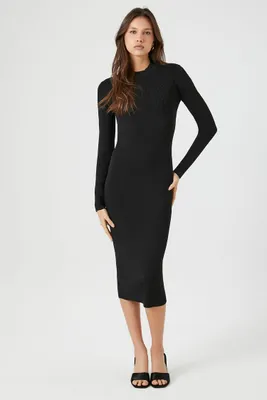 Women's Long-Sleeve Midi Sweater Dress in Black Large