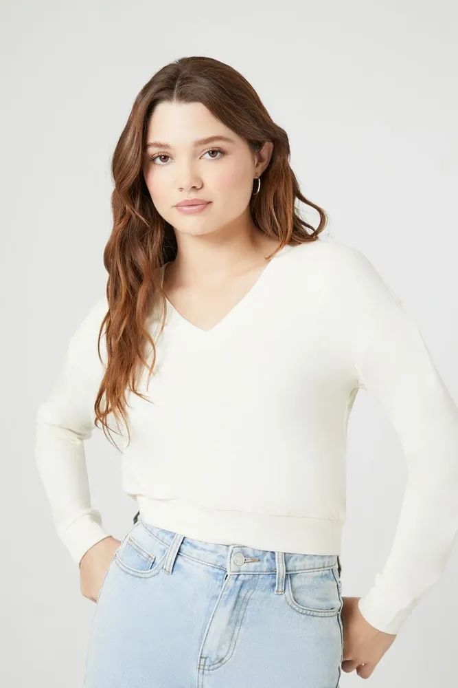 Women's Cropped V-Neck Sweater in White, XS