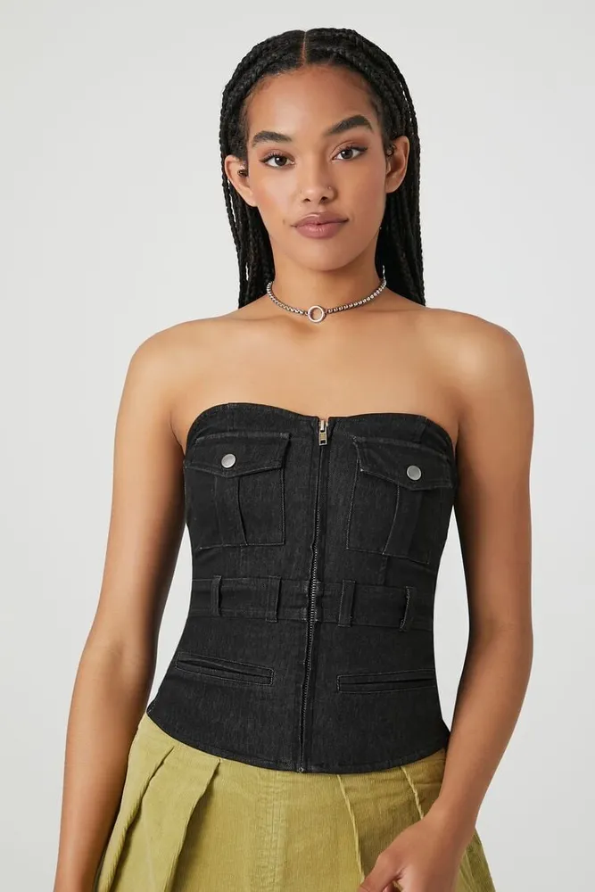 Women's Cargo Zip-Up Tube Top in Black Medium