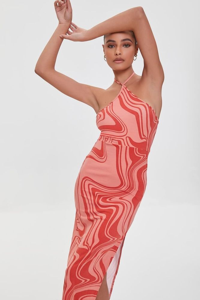 Women's Marble Print Halter Midi Dress in Pink/Red Medium