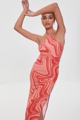 Women's Marble Print Halter Midi Dress in Pink/Red Large