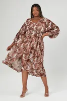 Women's Leaf Print Button-Front Dress in Brown, 1X