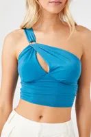 Women's One-Shoulder Cutout Crop Top in Bijou Blue, XL