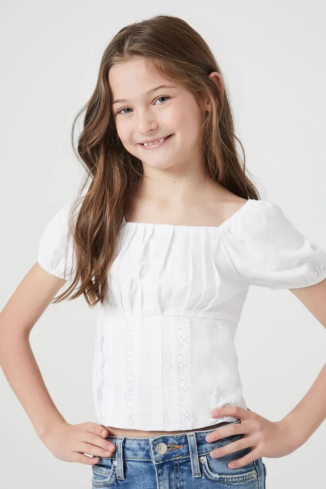 Girls Puff-Sleeve Poplin Top (Kids) in White, 13/14