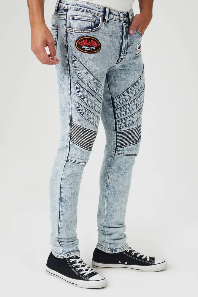Men Patch Denim Moto Skinny Jeans in Light Denim, 33