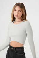 Women's Ribbed Curved-Hem Crop Top in Heather Grey Large