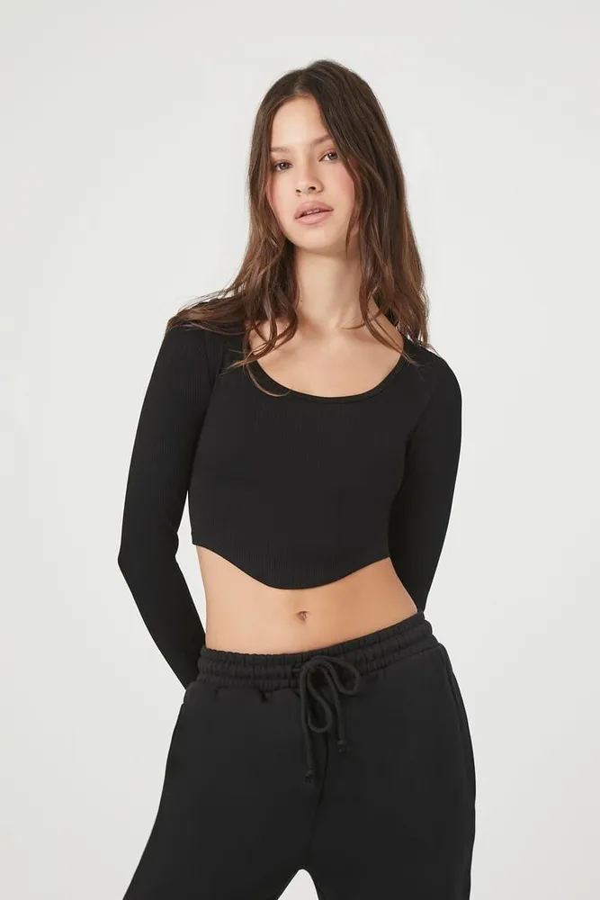 Women's Seamless Curved-Hem Crop Top in Black Large