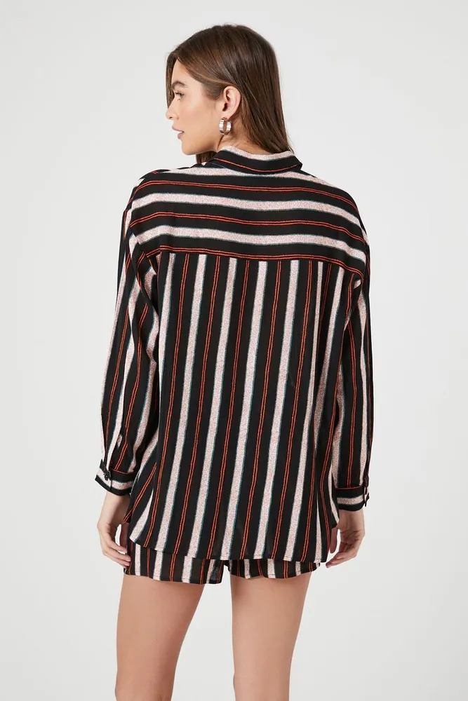 Women's Striped Long-Sleeve Shirt & Shorts Set in Black Small