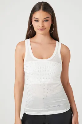 Women's Sheer Rhinestone Tank Top in White, XS