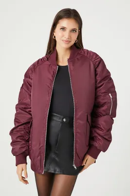 Women's Oversized Zip-Up Bomber Jacket in Wine Large