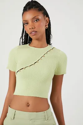 Women's Cropped Sweater-Knit T-Shirt in Pistachio Large