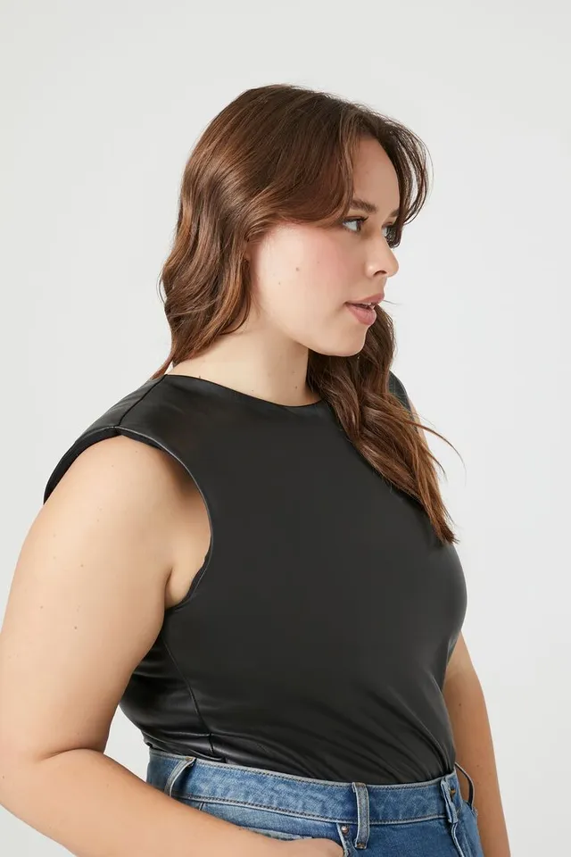 Plus Size Faux Leather Scoop Neck Catsuit