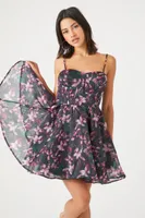 Women's Organza Floral Print Mini Dress in Black, XL