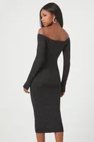 Women's Glitter Off-the-Shoulder Sweater Midi Dress in Black/Silver Small