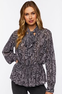 Women's Snakeskin Print Long-Sleeve Top in Black Small