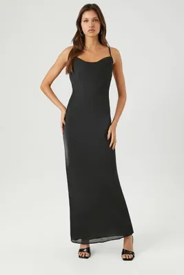 Women's Satin Cowl Slip Maxi Dress in Black, XS