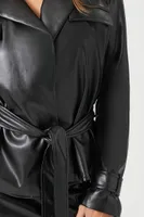 Women's Faux Leather Tie-Waist Trench Coat in Black, XS