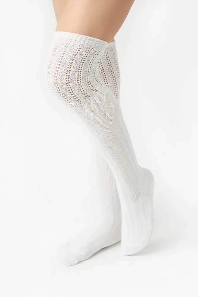 Over-the-Knee Pointelle Knit Socks in White