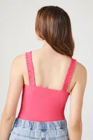 Women's Ribbed Ruffle-Strap Bodysuit in Hot Pink Small