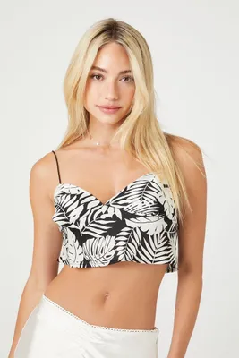 Women's Satin Tropical Leaf Print Cami in Black/Ivory Medium