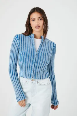 Women's Ribbed Knit Zip-Up Sweater in Dusty Blue Small