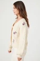 Women's Floral Embroidered Cardigan Sweater in Cream, XL