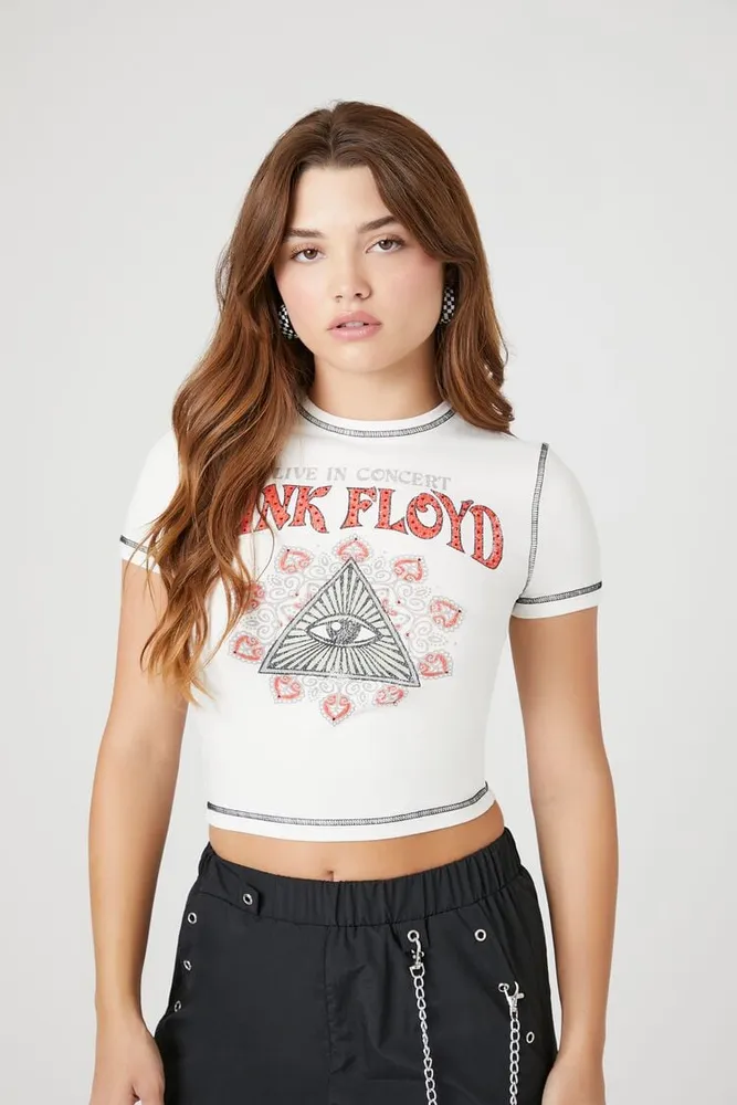 Women's Pink Floyd Graphic Cropped T-Shirt Cream,