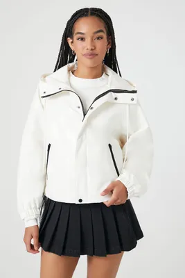 Women's Hooded Snap-Button Jacket in White/Black, XS