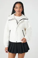 Women's Hooded Snap-Button Jacket in White/Black, XS