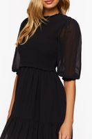 Women's Smocked Chiffon Peasant-Sleeve Dress in Black Medium