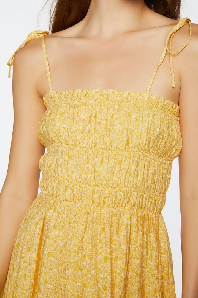 Women's Floral Smocked Tie-Strap Mini Dress in Yellow Large