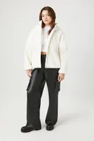 Women's Hooded Faux Shearling Bomber Jacket in Cream Large