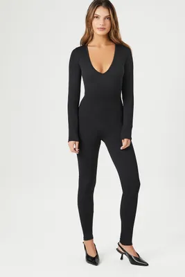 Women's Ribbed V-Neck Jumpsuit in Black Large