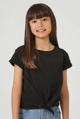 Girls Tie-Front Crew T-Shirt (Kids) in Black, 9/10