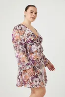 Women's Floral Print Mini Dress in Mocha/Lavender, 0X