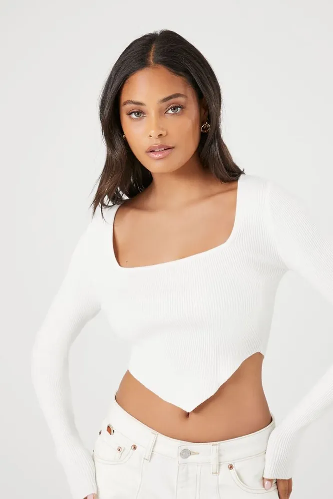 Women's Cropped Rib-Knit Sweater in Vanilla, XL