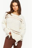 Women's Pointelle Lace-Up Cutout Sweater in Cream Small