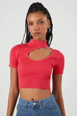 Women's Sweater-Knit Cutout Crop Top in Currant Medium