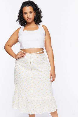 Women's Floral Print Shell Midi Skirt in White, 0X