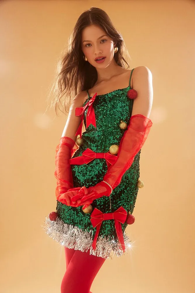 Women's Sequin Christmas Tree Dress in Green/Red, XS