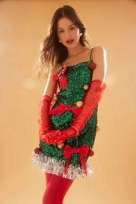 Women's Sequin Christmas Tree Dress in Green/Red Large