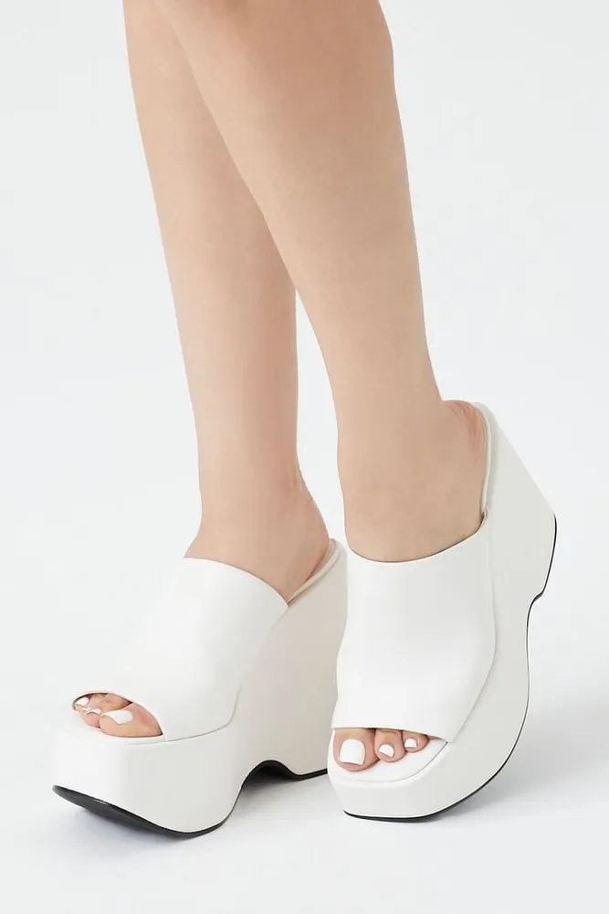 Women's Faux Leather Platform Wedges in White, 8