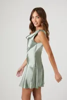 Women's Satin Cowl Slip Mini Dress in Green Haze Medium