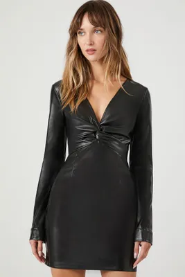 Women's Faux Leather Twist-Front Mini Dress in Black Small