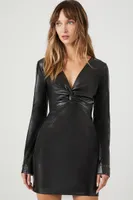 Women's Faux Leather Twist-Front Mini Dress in Black, XS