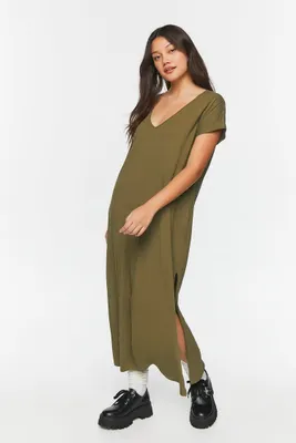 Women's V-Neck Short-Sleeve Maxi Dress in Olive Large