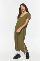 Women's V-Neck Short-Sleeve Maxi Dress in Olive, XS