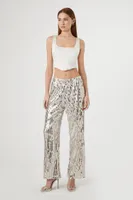 Women's Sequin Wide-Leg Pants in Silver Medium