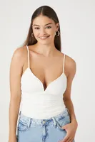 Women's Ruched V-Neck Cami Bodysuit in White Small